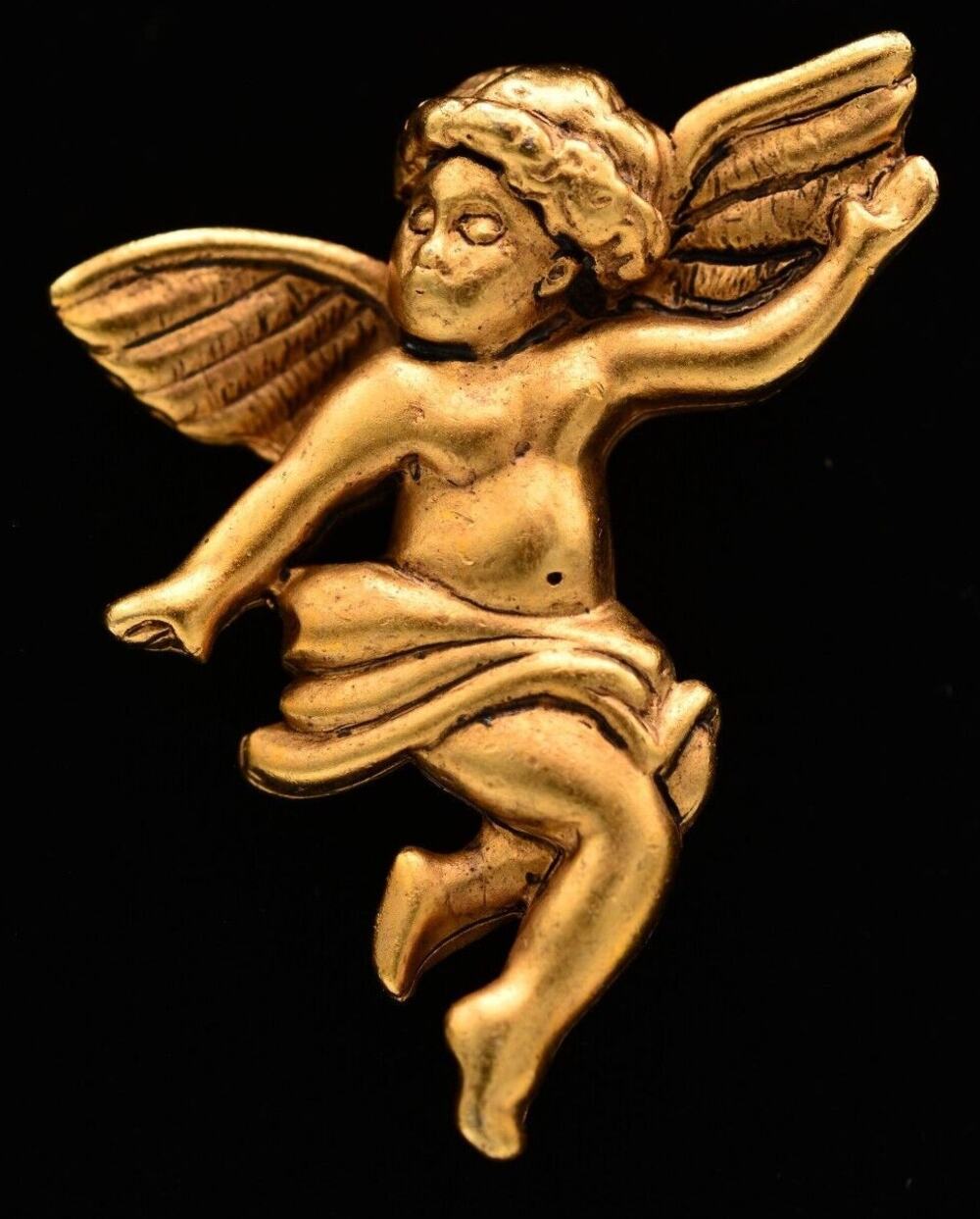 AJC Vintage Angel Pin Cherub Wings Antiqued Gold Signed NOS 1980s BinA12